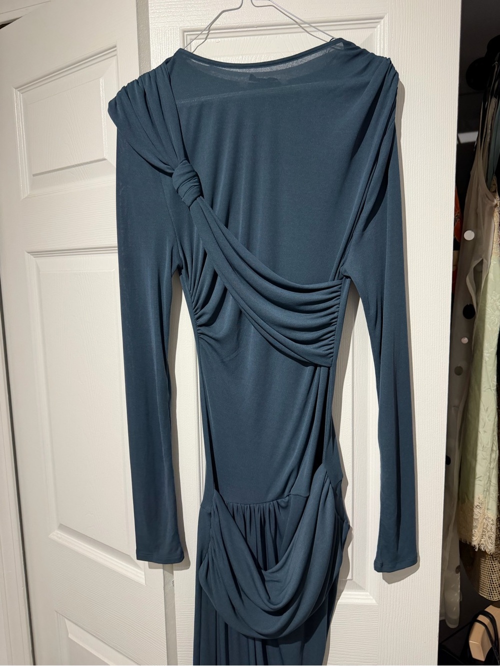 Zara Slate Blue Long Sleeve Draped Dress